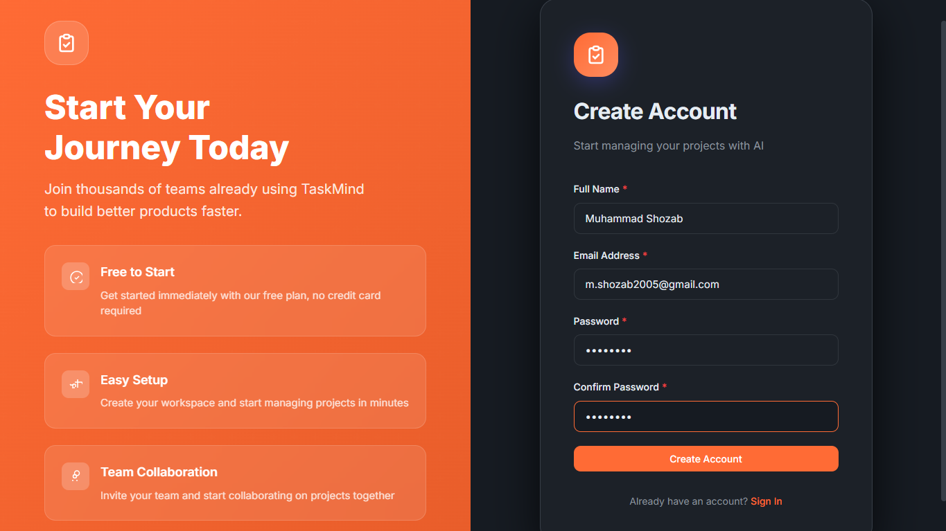 TaskMind AI-Powered Project Management Platform showing the Kanban board in dark theme